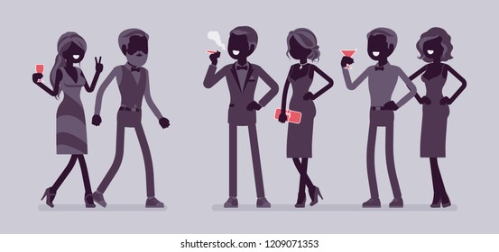 High Society Party. Group Of Rich, Powerful, Fashionable People In Evening Dresses Enjoy Life At Luxury Party, Wealth Elite Club. Vector Flat Style And Line Art Cartoon Illustration, Black Silhouette