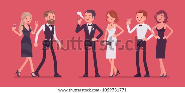 High society party. Group of rich, powerful,\
and fashionable people in evening dresses enjoy life at luxury\
party, wealth and social status elite club gathering. Vector flat\
style cartoon\
illustration