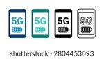 High speed 5G cellular network icons for mobile technology. Set includes four different smartphone styles with battery level indicators. Ideal for telecommunications marketing, web design, and app development projects. Clean flat vector graphics suitable for corporate presentations and technical documentation.