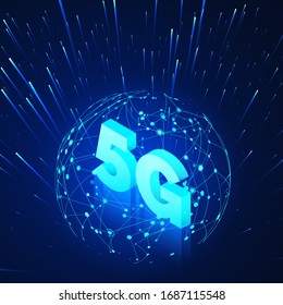 Redes móviles globales 5G de alta velocidad. Dibujo isométrico empresarial holograma de red global y texto 5g. Tecnología moderna de transferencia de datos. Web inalámbrica. Vector 