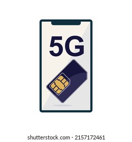 Conexión de red 5G de alta velocidad. Tarjeta SIM y teléfono con conexión inalámbrica y 5G de alta velocidad. ilustración vectorial del concepto de diseño de smartphone móvil