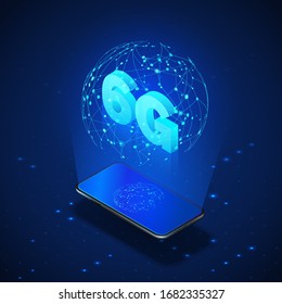 High speed 6G global mobile networks. Business isometric illustration smartphone with internet hologram and text 6g. Modern data transfer technology. Wireless web. Vector