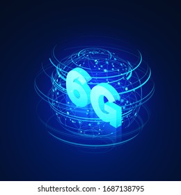 High speed 6G global mobile networks. Business isometric illustration global network hologram and text 6g. Modern data transfer technology. Wireless web. Vector 