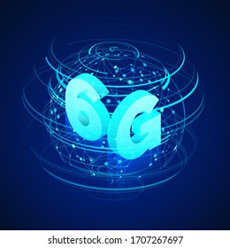 High speed 6G global mobile networks. Business isometric illustration global network hologram and text 6g. Modern data transfer technology. Wireless web banner. Vector 