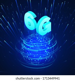 High speed 6G global mobile networks. Business isometric illustration global network hologram and text 6g. Wireless web banner. Modern data transfer technology. Vector 