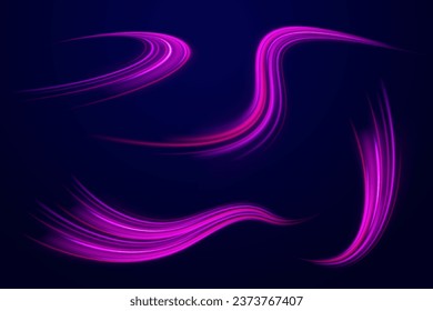 High speed affect motion blur. Futuristic neon light line trails. Purple sparkle waves with light effect on dark vector background. Sparkling wavy light effect. Glowing wave swirl, impulse cable lines