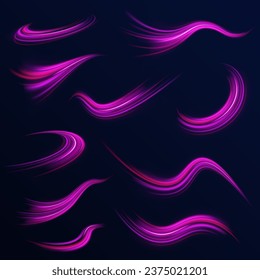 La alta velocidad afecta a la borrosidad del movimiento. Senderos de la línea de luz de neón futurista. Ondas espumosas púrpuras con efecto claro sobre el fondo vectorial oscuro. Efecto de la luz ondulante. Giro de onda brillante, líneas de cable de impulso