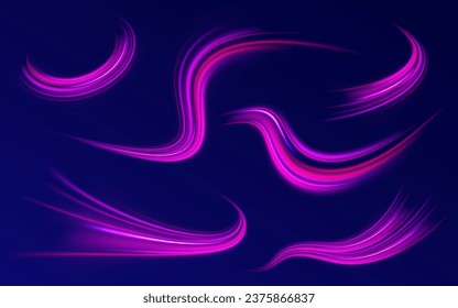 High speed affect motion blur. Futuristic neon light line trails. Purple sparkle waves with light effect on dark vector background. Sparkling wavy light effect. Glowing wave swirl, impulse cable lines