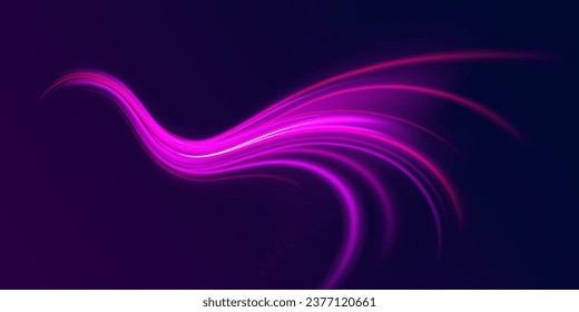 High speed affect motion blur. Futuristic neon light line trails. Purple sparkle waves with light effect on dark vector background. Sparkling wavy light effect. Glowing wave swirl, impulse cable lines