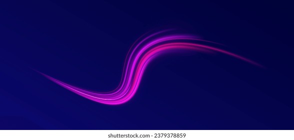 High speed affect motion blur. Futuristic neon light line trails. Purple sparkle waves with light effect on dark vector background. Sparkling wavy light effect. Glowing wave swirl, impulse cable lines