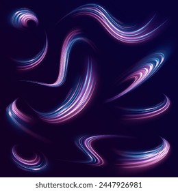 High speed affect motion blur. Futuristic neon light line trails. Purple glowing wave swirl, impulse cable lines. Light everyday glowing effect. Long time exposure. Vector	
