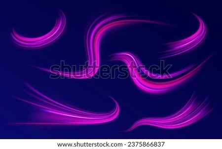 High speed affect motion blur. Futuristic neon light line trails. Purple sparkle waves with light effect on dark vector background. Sparkling wavy light effect. Glowing wave swirl, impulse cable lines