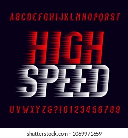 High speed alphabet font. Wind effect type letters and numbers on dark background. Stock vector typeset. Easy color change.