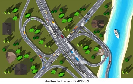 High speed autobahn near river with white boat 