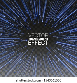 High speed. Blue Light stripes fast over dark background with ray sparkles. Abstract explosion background. Vector Illustration Transparent Background