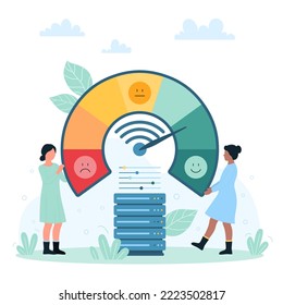 High speed broadband internet, network optimization vector illustration. Cartoon tiny people accelerate wifi signal on dashboard with speedometer and arrow, boost quick signal in provider speedtest