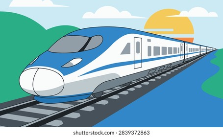 High speed bullet train in blue and white colors traveling on rails next to a river with a sunset sky backdrop.