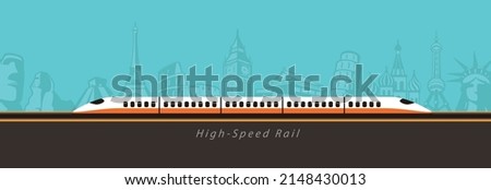 High speed bullet train coming out, modern flat design, background is landmarks of the world