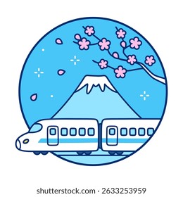 High speed bullet train, mount Fuji and sakura blossom, symbols of Japan. Cartoon doodle in simple flat line icon style. Vector illustration.