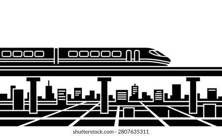 High speed bullet train traveling on elevated tracks across a stylized urban cityscape with tall building silhouettes.