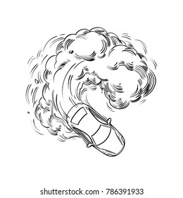 High speed car in a drift, with smoke from under the wheels, enters a sharp turn. Drifting Race Auto. Extreme Motor sport Contour Vector illustration. Hand drawn Sketch, black lines for coloring book