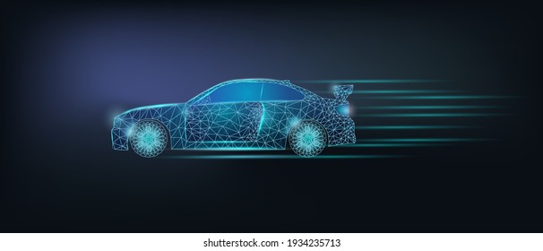 Resumen del coche inteligente con estructura de alambre. Poli poligonal de baja longitud con puntos y líneas de conexión, aislado en un fondo azul oscuro. Velocidad, conducción y carrera rápida auto, concepto de potencia.  Ilustración vectorial de acciones