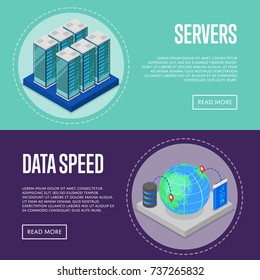 High speed communication service isometric posters. Global communication network, cloud database, computer technology, data security. Data center with hosting servers equipment vector illustration