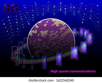 High speed communications model. 5G internet telecommunications with modern smartphone. High tech digital technology in mobile phone world. Scientific research in IT. Diagram of signal transmission.