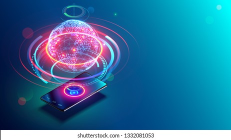 High speed communications with world wide web from anywhere in world via phone mobile internet. Hologram earth consists light dots. Abstract virtual hud elements over screen modern glass smartphone.