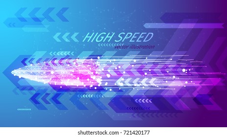 High speed concept. Bullet in the form of a starry sky or space, consisting of points, lines, and shapes in the form of planets, stars and the universe. Shotgun vector wireframe concept. Blue purple