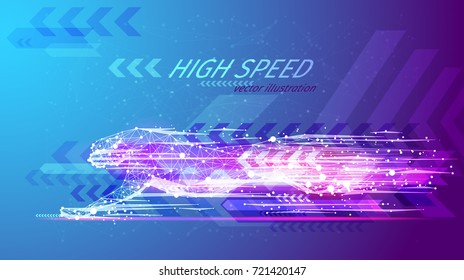 High speed concept. Cheetah in motion in the form of a starry sky or space, consisting of point, line, and shape in the form of planets, stars and the universe. Vector wireframe concept. Blue purple