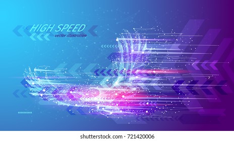 High speed concept. Eagle in flight in the form of a starry sky or space, consisting of points, lines, and shapes in the form of planets, stars and the universe. Vector wireframe concept. Blue purple