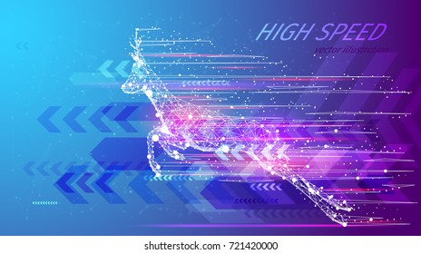 High speed concept. Roe in the form of a starry sky or space, consisting of points, lines, and shapes in the form of planets, stars and the universe. Vector wireframe concept. Blue purple