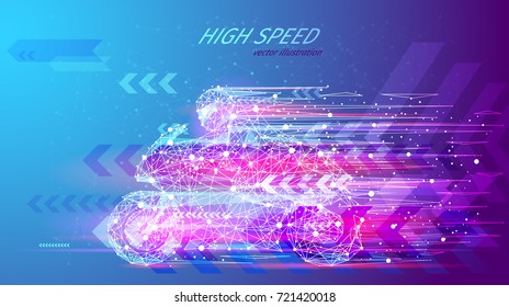 High speed concept. Sport motorbike in the form of a starry sky or space, consisting of points, lines, and shapes in the form of planets, stars and the universe. Sport vector wireframe concept