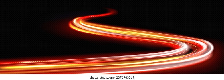 High speed curves of driving line with light neon effect. Red and yellow glowing dynamic trace of fast moving car or race. Realistic vector illustration of energy flash lines on black background.