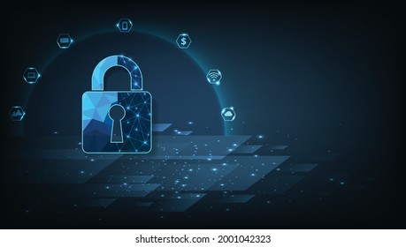 High speed Data Protection.Padlock lock icon digital display over on dark blue background.Technology speed for online data access defense against hacker and virus.Internet security concept.