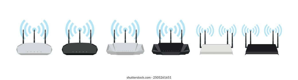 High Speed Dual Band Wireless Wifi Router. Black and White Modem Wi-Fi Router with 6GHz and 5GHz WiFi for Reliable Connectivity. Vector.