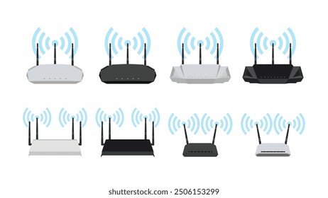 High Speed Dual-Band Wireless Wi-Fi Router Collection. Black  White, wifi, Gigabit Ethernet, VPN, Vector Illustration