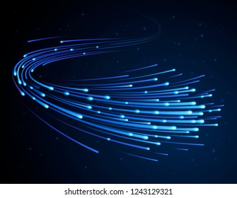 High speed. Dynamic blue shimmering trail with light effect. Abstract technology background. Motion pattern