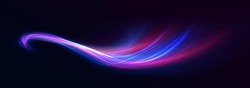 High Speed Effect Motion Blur Night Lights Blue And Red. Futuristic Neon Light Line Trails. Bright Sparkling Background. Purple Glowing Wave Swirl, Impulse Cable Lines. Long Time Exposure. Vector