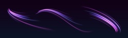 High Speed Effect Motion Blur Night Lights Blue And Red. Futuristic Neon Light Line Trails. Bright Sparkling Background. Purple Glowing Wave Swirl, Impulse Cable Lines. Long Time Exposure. Vector