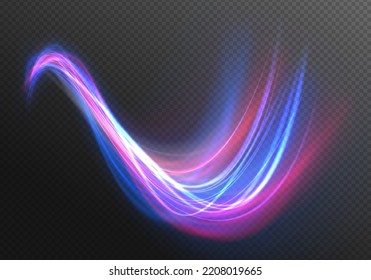 High speed effect motion blur night lights blue and red. Futuristic neon light line trails. bright sparkling background. Purple glowing wave swirl, impulse cable lines. Long time exposure. Vector