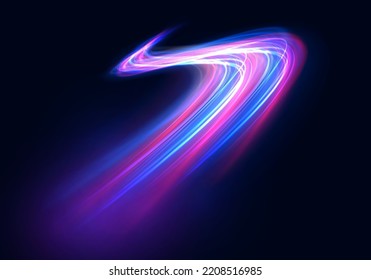 High speed effect motion blur night lights blue and red. Futuristic neon light line trails. bright sparkling background. Purple glowing wave swirl, impulse cable lines. Long time exposure. Vector