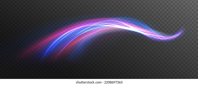 High speed effect motion blur night lights blue and red. Futuristic neon light line trails. bright sparkling background. Purple glowing wave swirl, impulse cable lines. Long time exposure. Vector