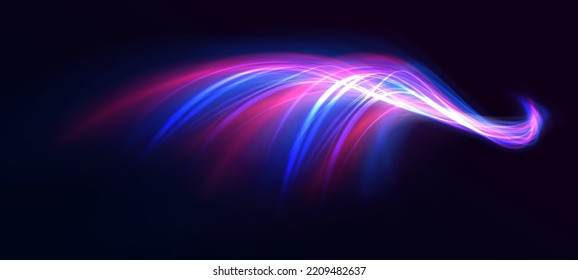 El movimiento de efecto de alta velocidad borrosa noche luces azules y rojas. Senderos de la línea de luz de neón futurista. fondo brillante. Giro violeta de onda brillante, líneas de cable de impulso. Exposición a largo plazo. Vector