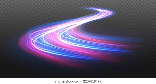 High speed effect motion blur night lights blue and red. Futuristic neon light line trails. bright sparkling background. Purple glowing wave swirl, impulse cable lines. Long time exposure. Vector