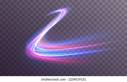 High speed effect motion blur night lights blue and red. Futuristic neon light line trails. bright sparkling background. Purple glowing wave swirl, impulse cable lines. Long time exposure. Vector	