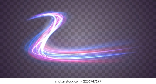 High speed effect motion blur night lights blue and red. Futuristic neon light line trails. bright sparkling background. Purple glowing wave swirl, impulse cable lines. Long time exposure. Vector	