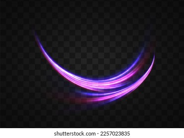 High speed effect motion blur night lights blue and red. Futuristic neon light line trails. bright sparkling background. Purple glowing wave swirl, impulse cable lines. Long time exposure. Vector	