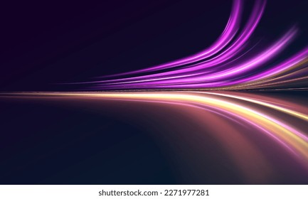 High speed effect motion blur night lights blue and red. Futuristic neon light line trails. bright sparkling background. Purple glowing wave swirl, impulse cable lines. Long time exposure. Vector